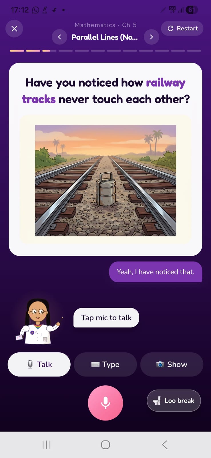 The Dhee Learning app showing a Mathematics lesson on parallel lines